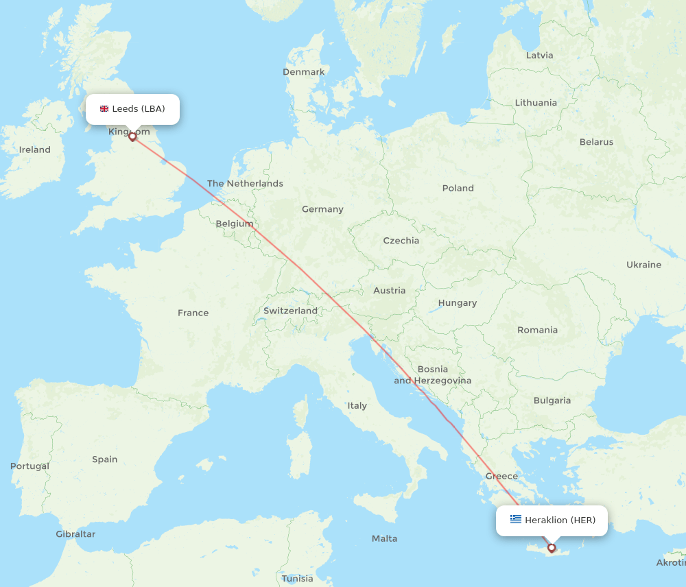 HER to LBA flights and routes map