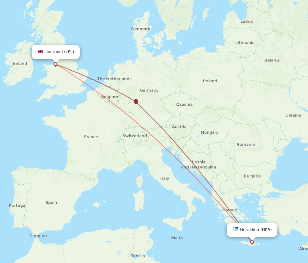 Heraklion - Liverpool route map and flight paths