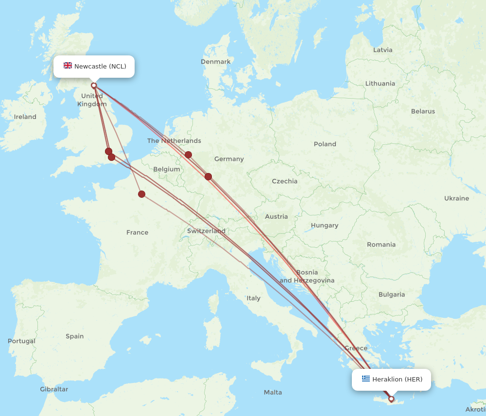 HER to NCL flights and routes map