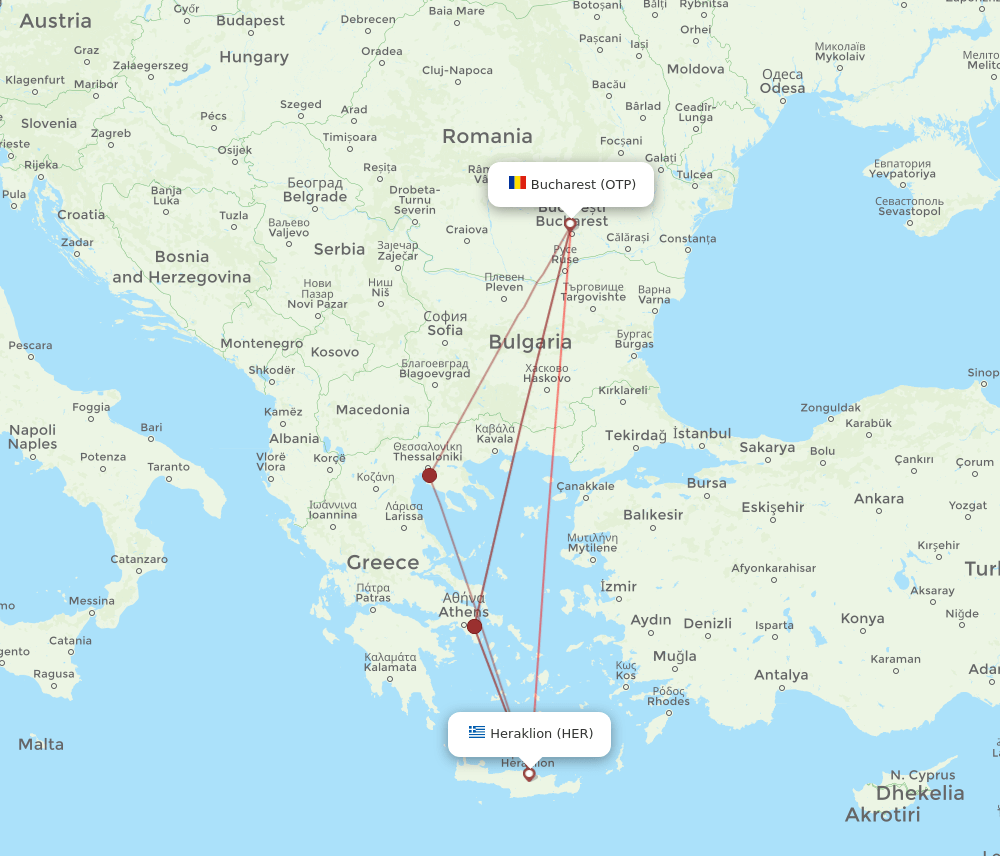 HER to OTP flights and routes map