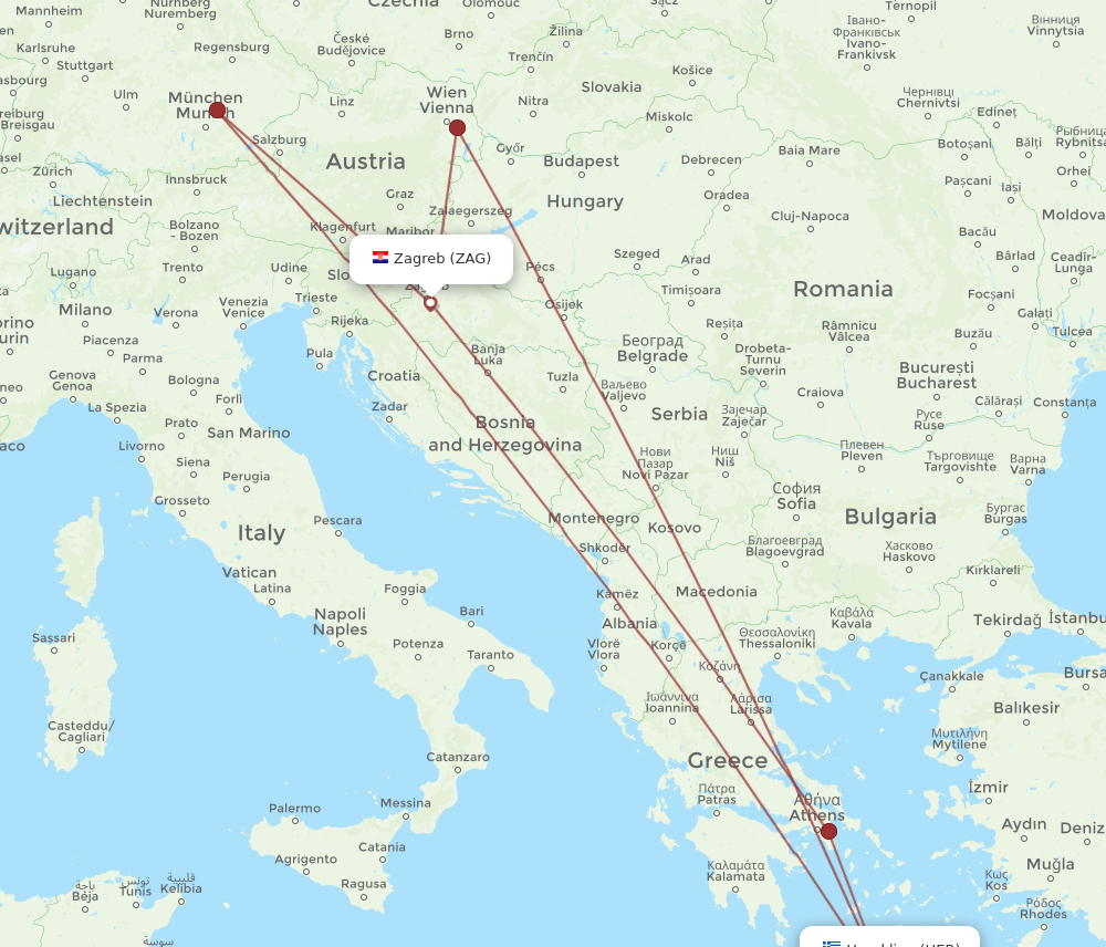 Zagreb - Heraklion route map and flight paths