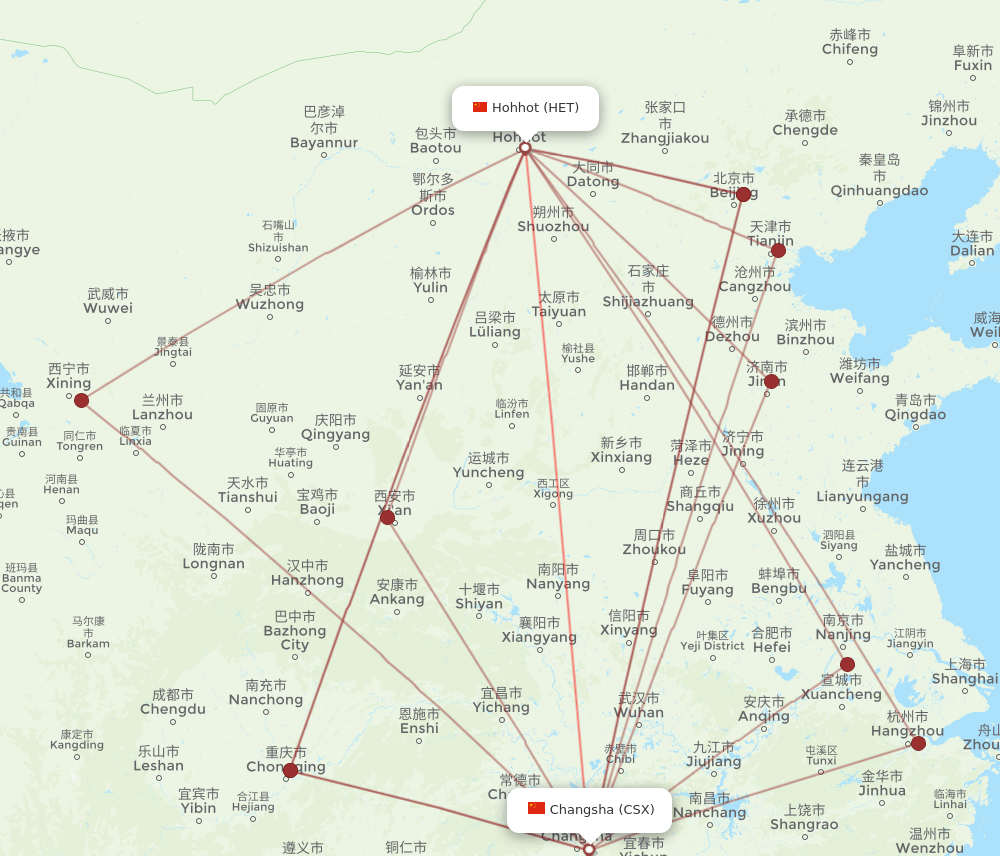 HET to CSX flights and routes map