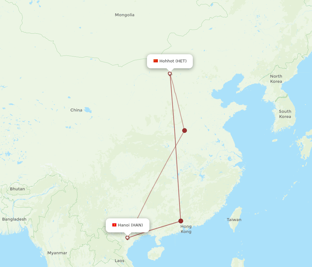 HET to HAN flights and routes map