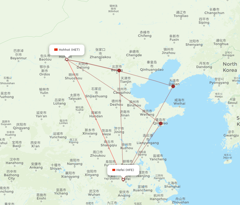 HET to HFE flights and routes map