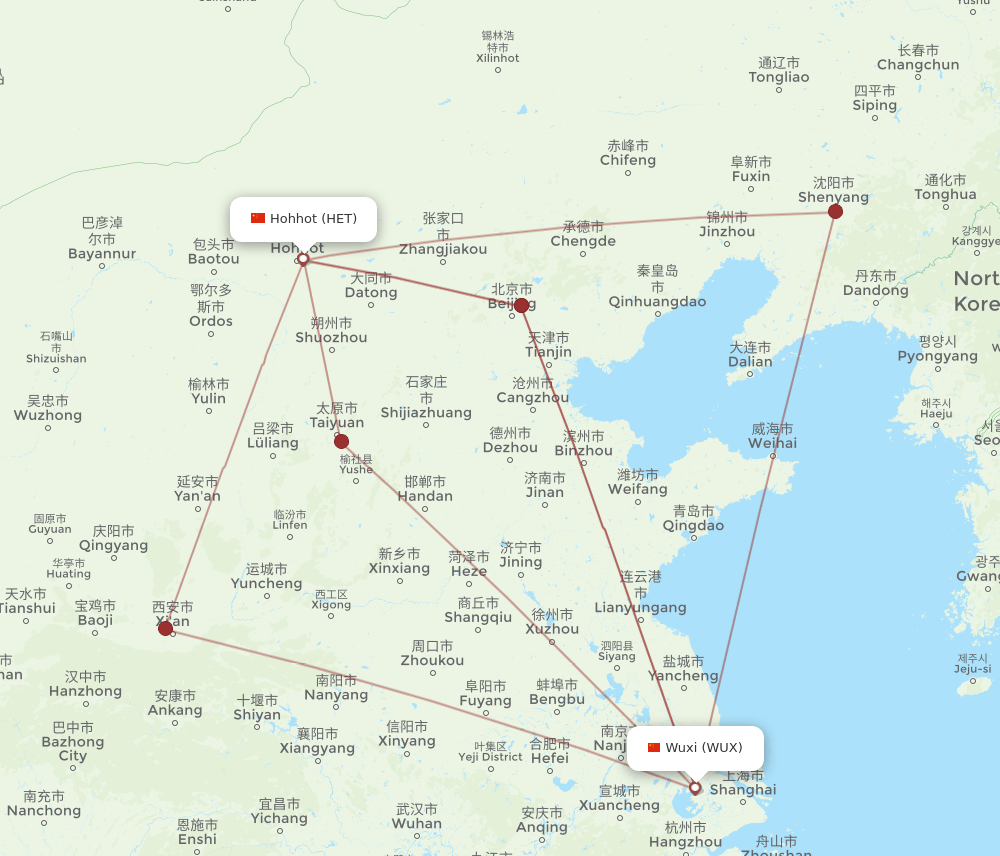 HET to WUX flights and routes map