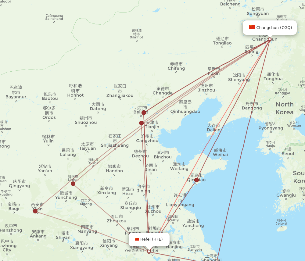 HFE to CGQ flights and routes map