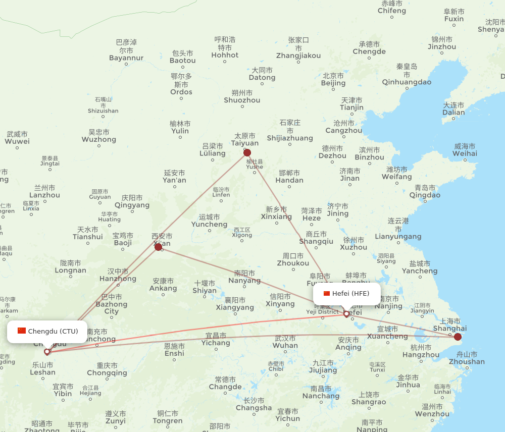HFE to CTU flights and routes map