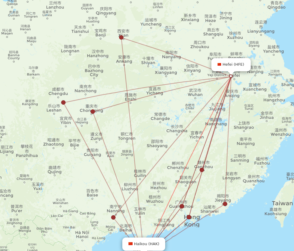 HFE to HAK flights and routes map