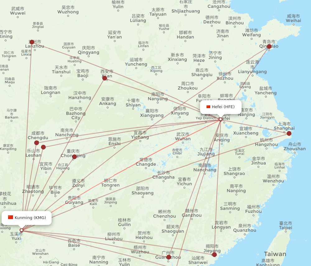 HFE to KMG flights and routes map
