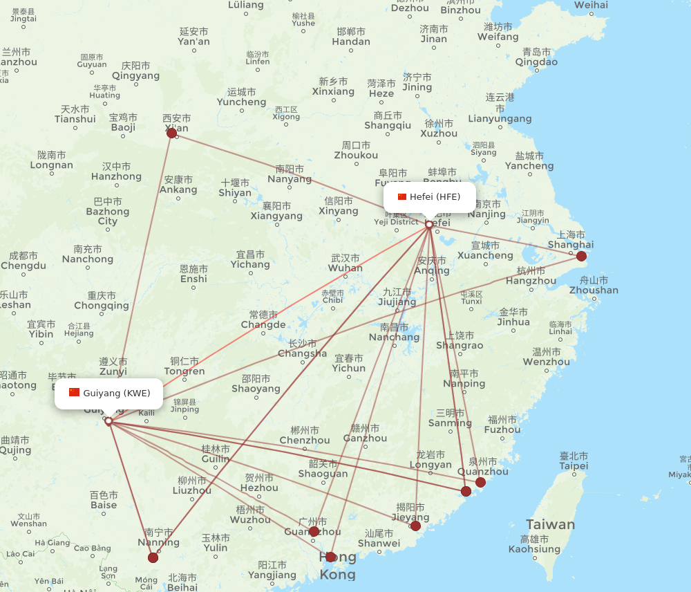 HFE to KWE flights and routes map