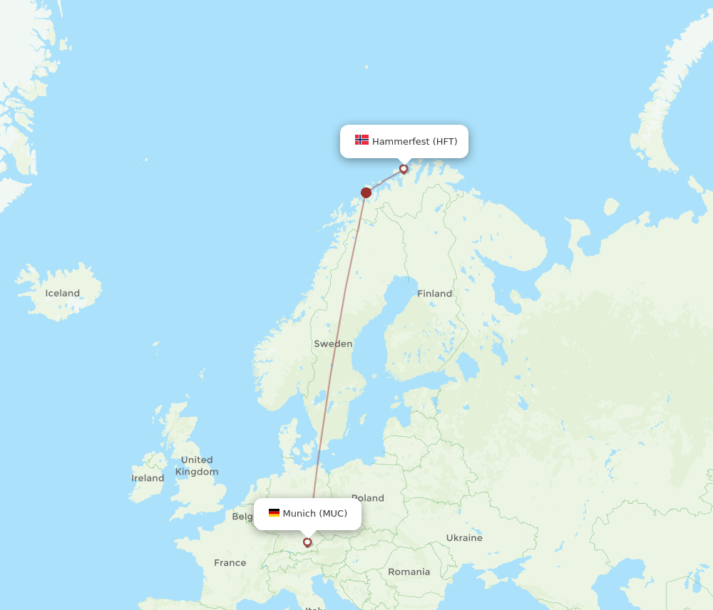 Munich - Hammerfest route map and flight paths