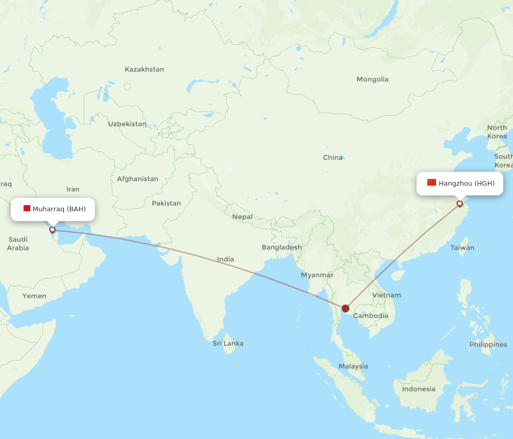 Bahrain - Hangzhou route map and flight paths