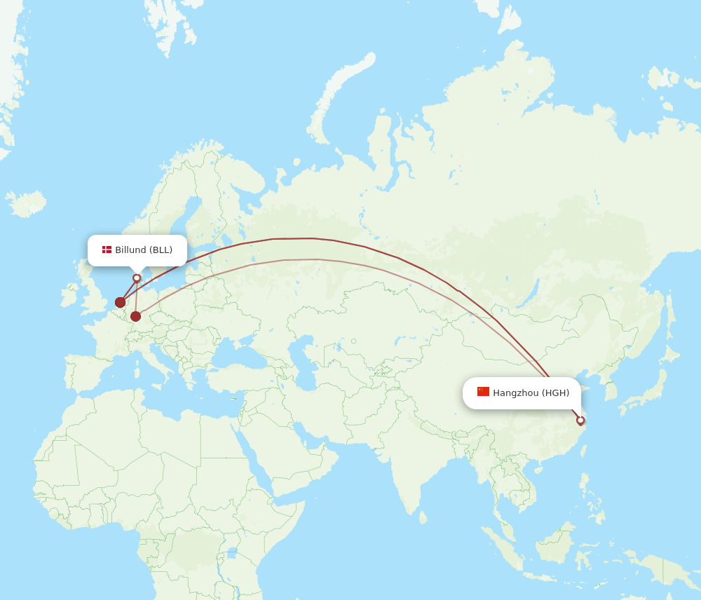 Hangzhou - Billund route map and flight paths