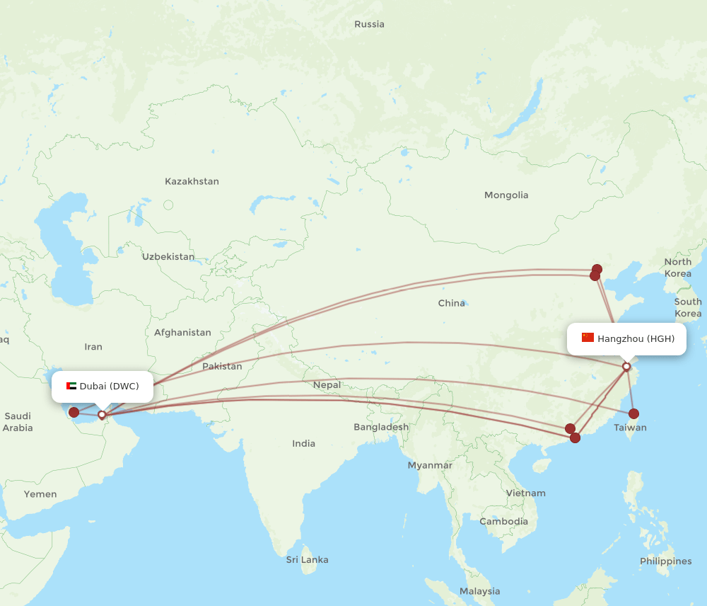 Hangzhou - Dubai route map and flight paths