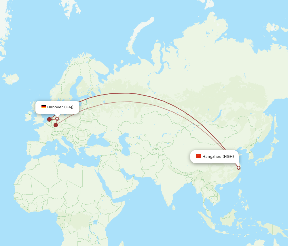Hangzhou - Hanover route map and flight paths