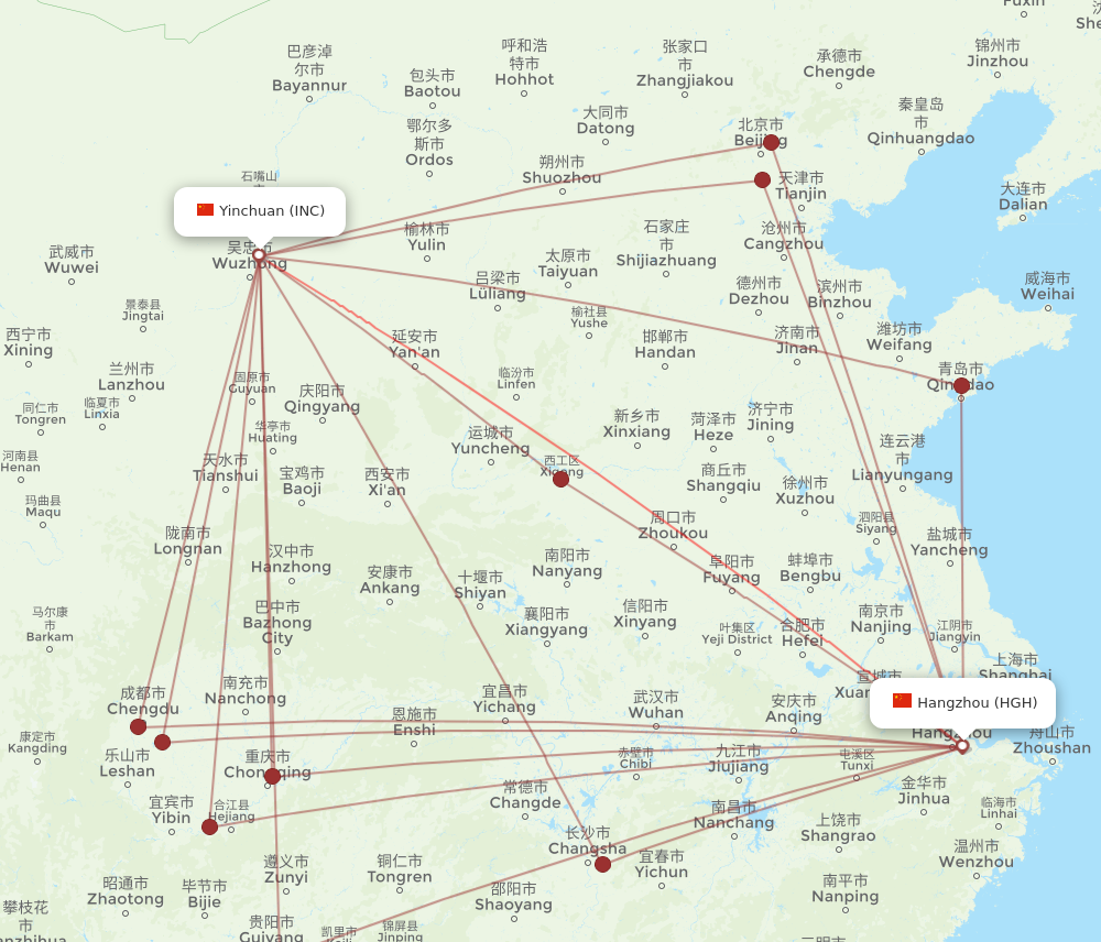 HGH to INC flights and routes map