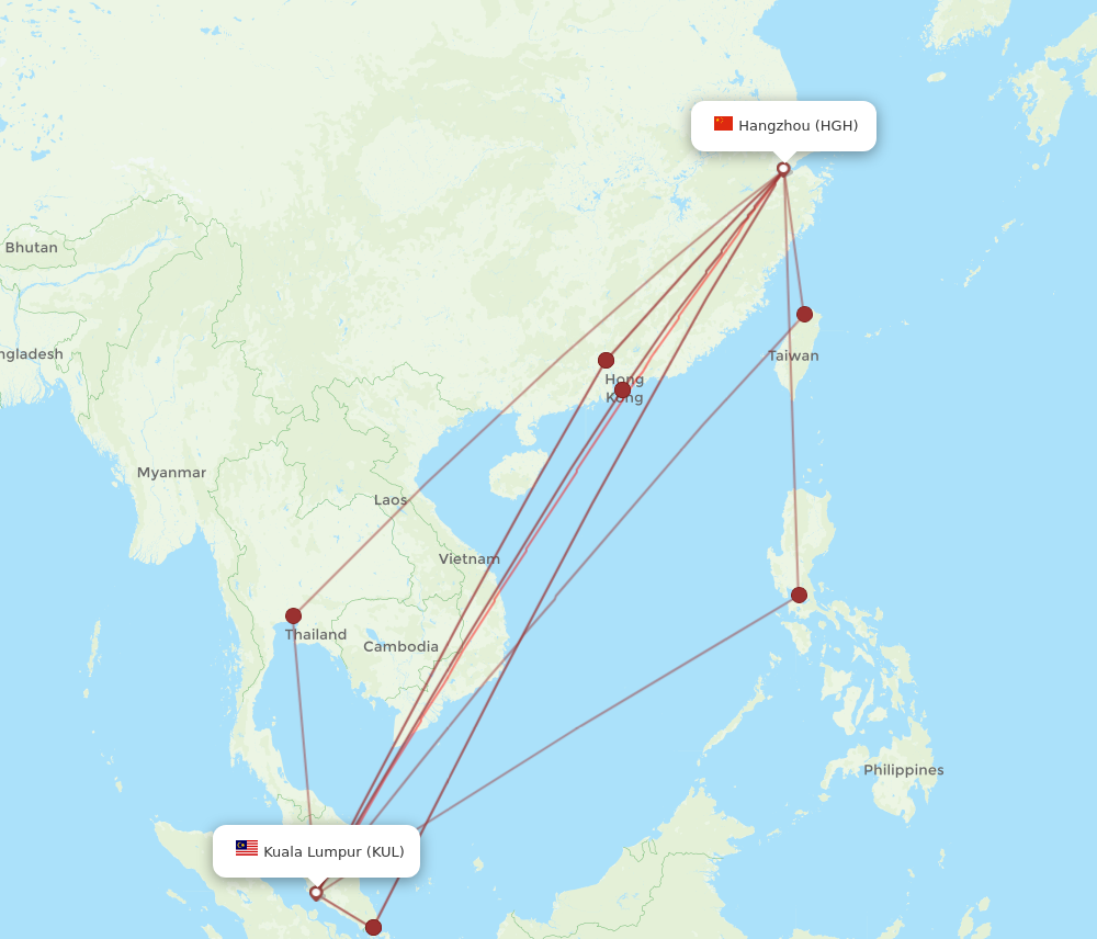 HGH to KUL flights and routes map