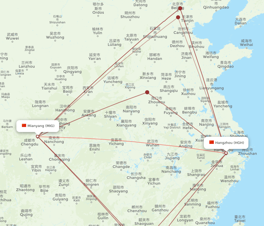 HGH to MIG flights and routes map