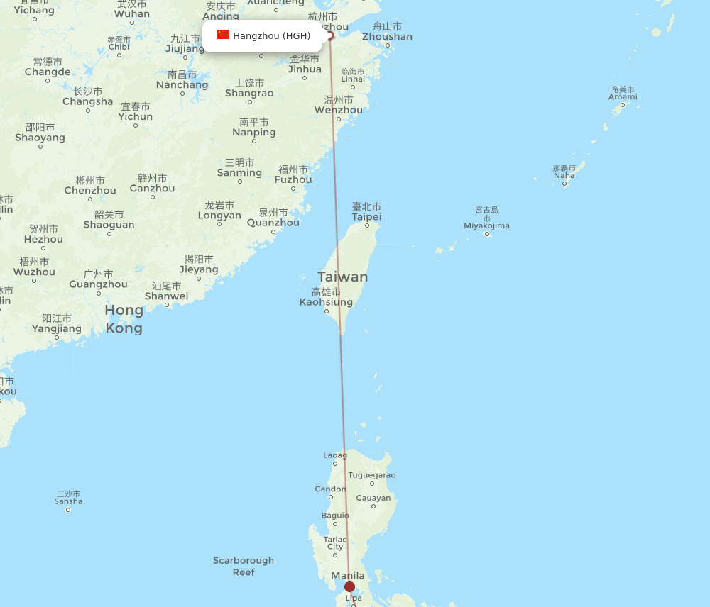Hangzhou - Caticlan route map and flight paths
