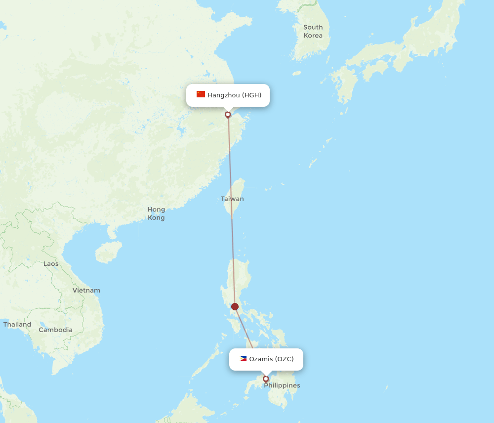 Hangzhou - Ozamiz route map and flight paths