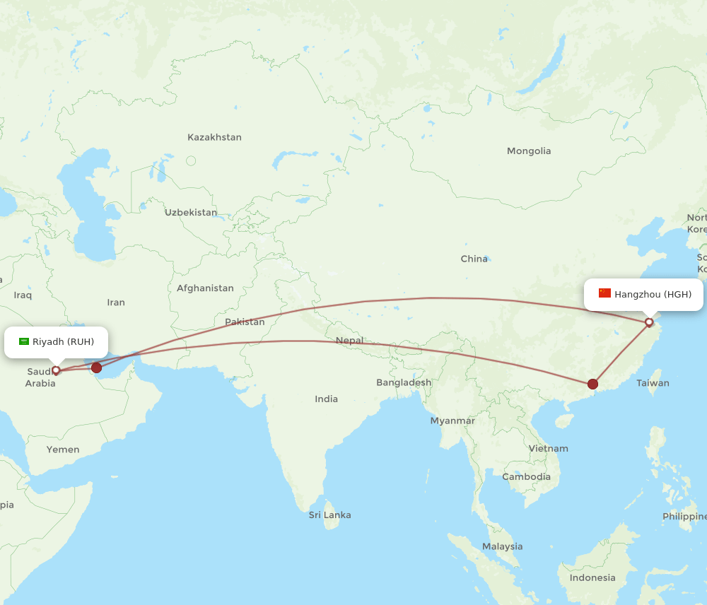 HGH to RUH flights and routes map