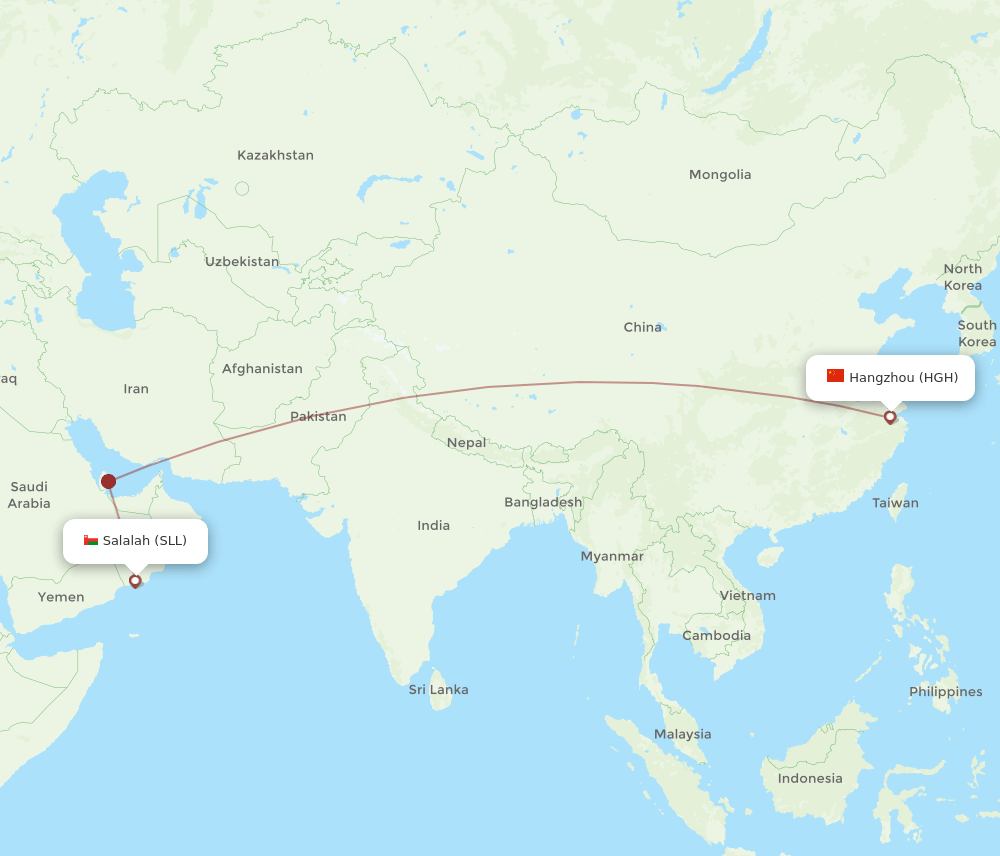 Salalah - Hangzhou route map and flight paths