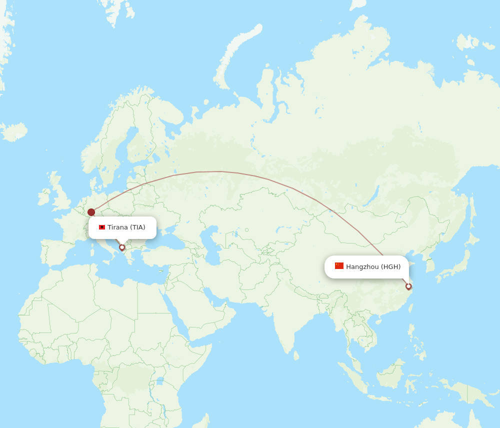 Tirana - Hangzhou route map and flight paths