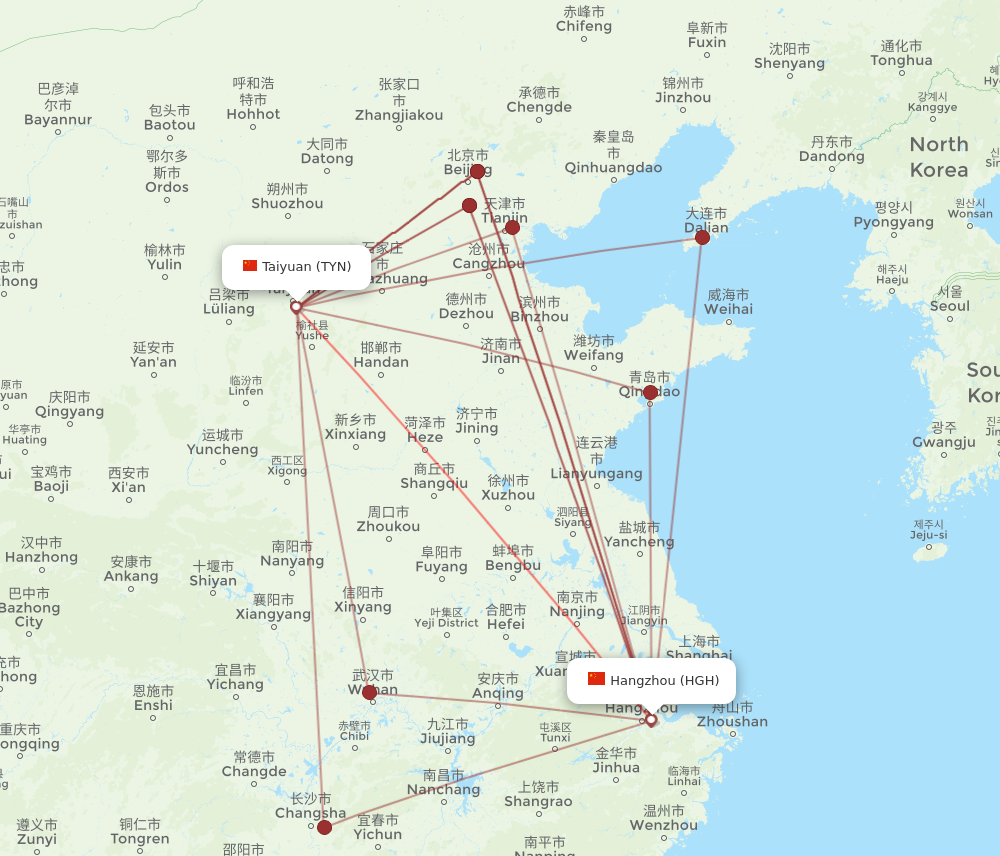 HGH to TYN flights and routes map