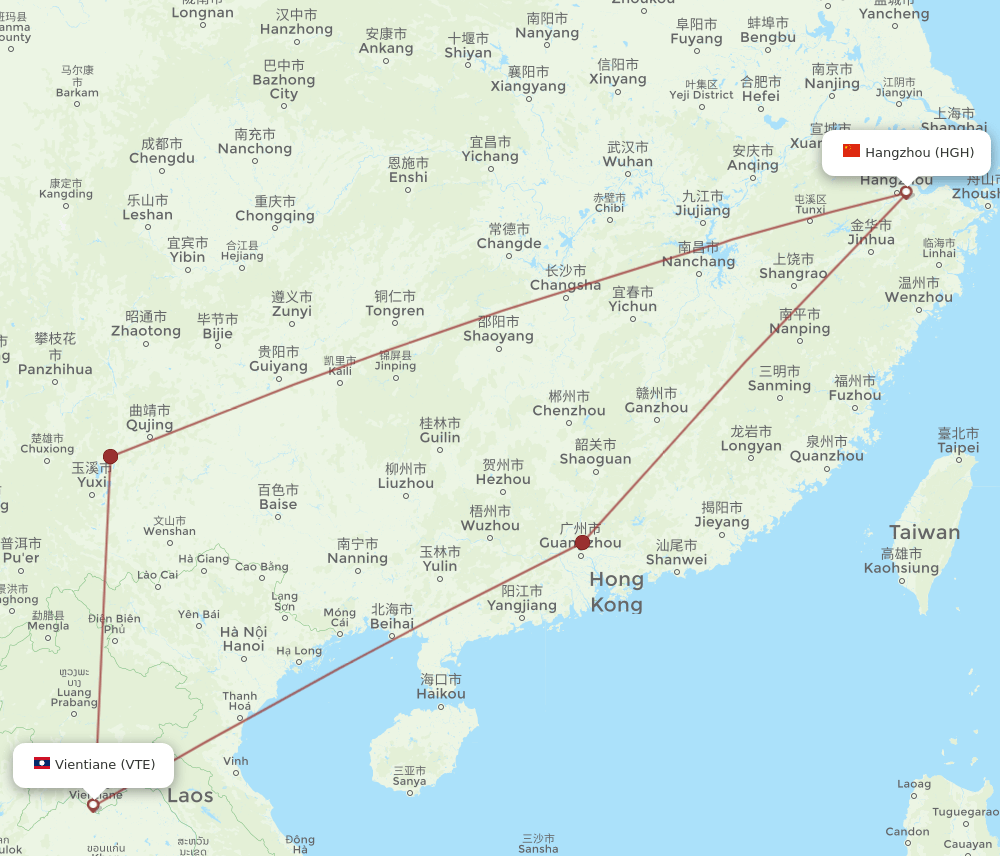 HGH to VTE flights and routes map