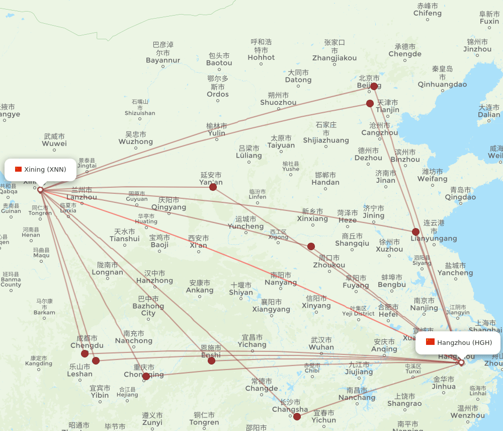 HGH to XNN flights and routes map