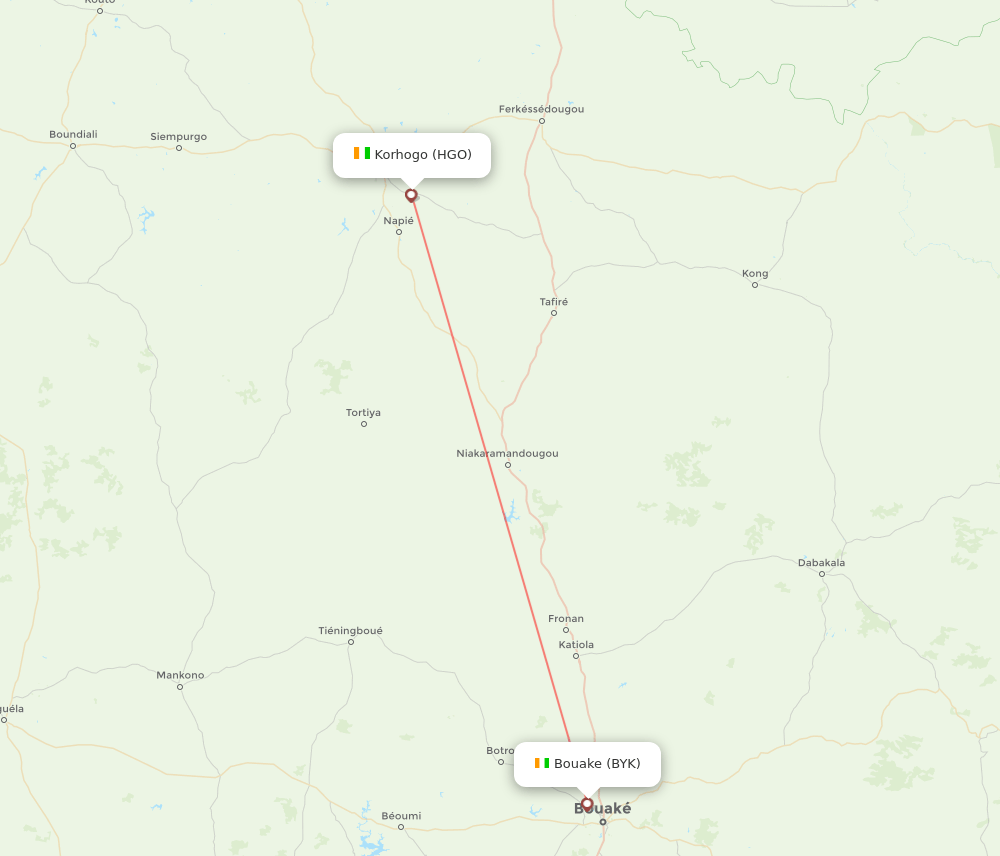 Korhogo - Bouake route map and flight paths