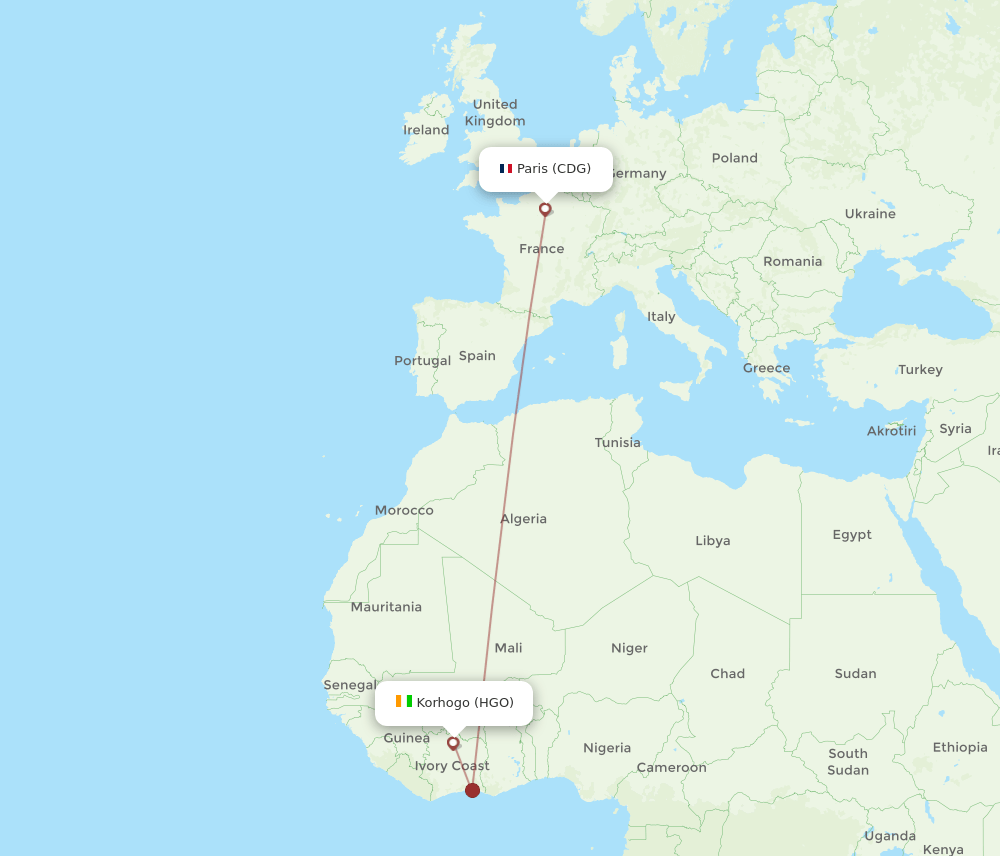 HGO to CDG flights and routes map