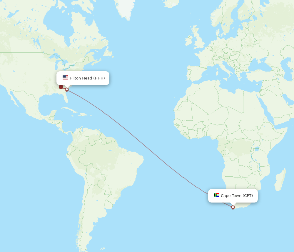 Hilton Head - Cape Town route map and flight paths