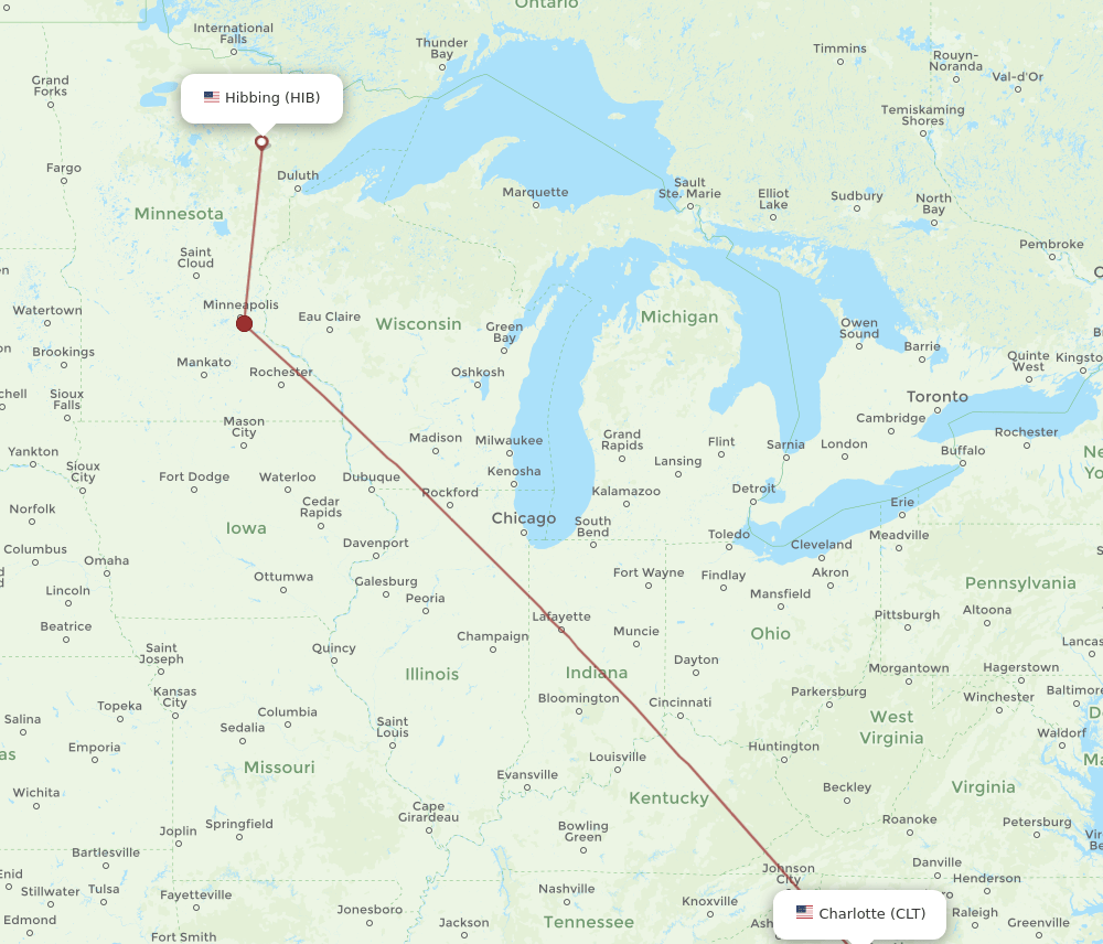 HIB-CLT flight routes