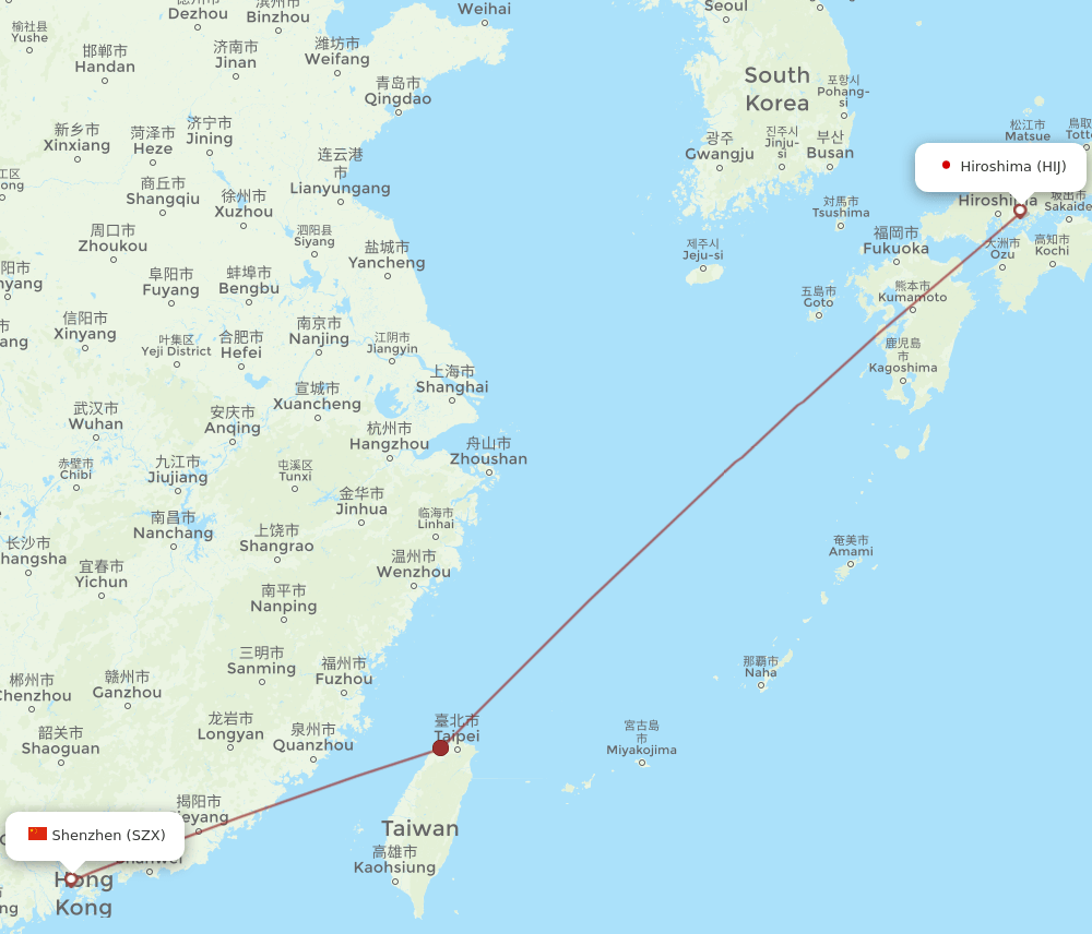 Shenzhen - Hiroshima route map and flight paths