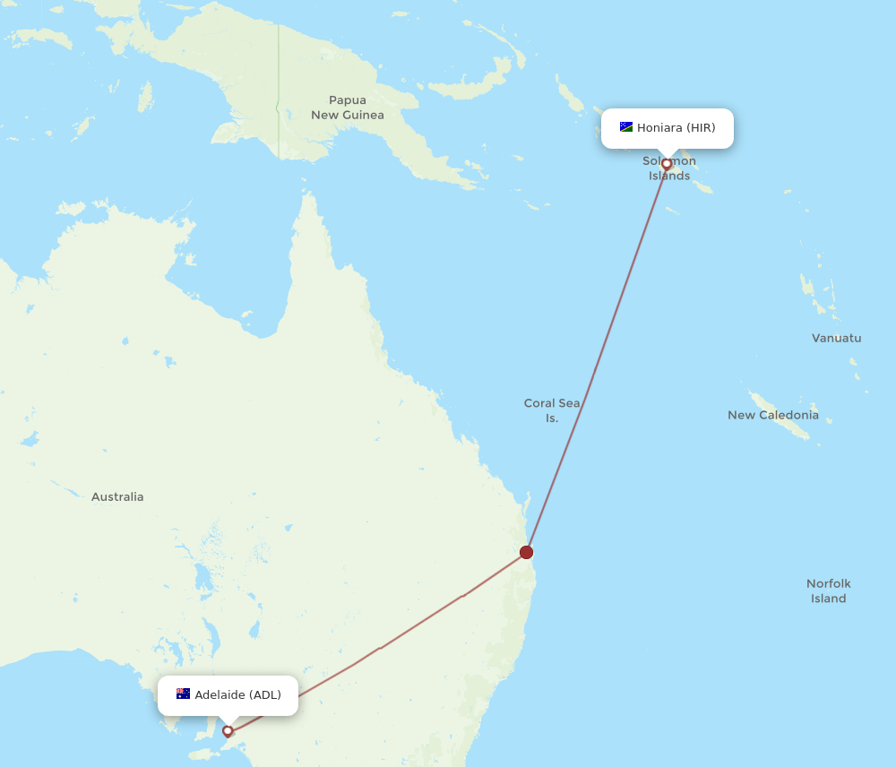 Adelaide - Honiara route map and flight paths