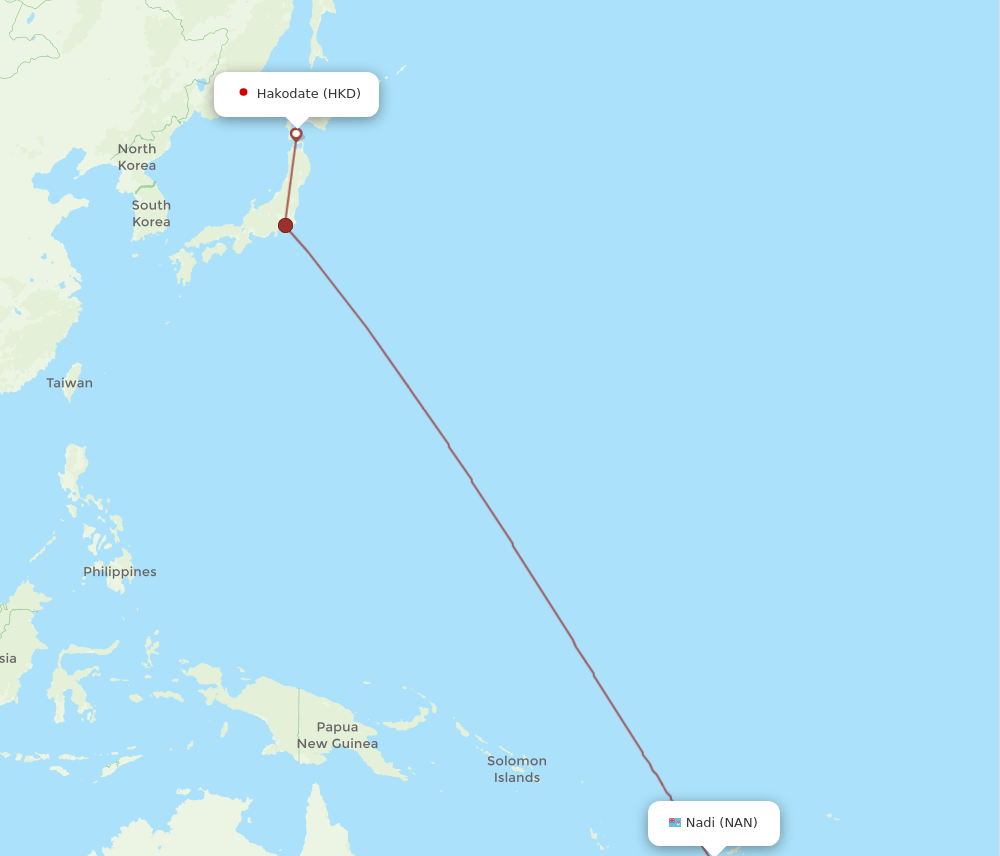 Nadi - Hakodate route map and flight paths