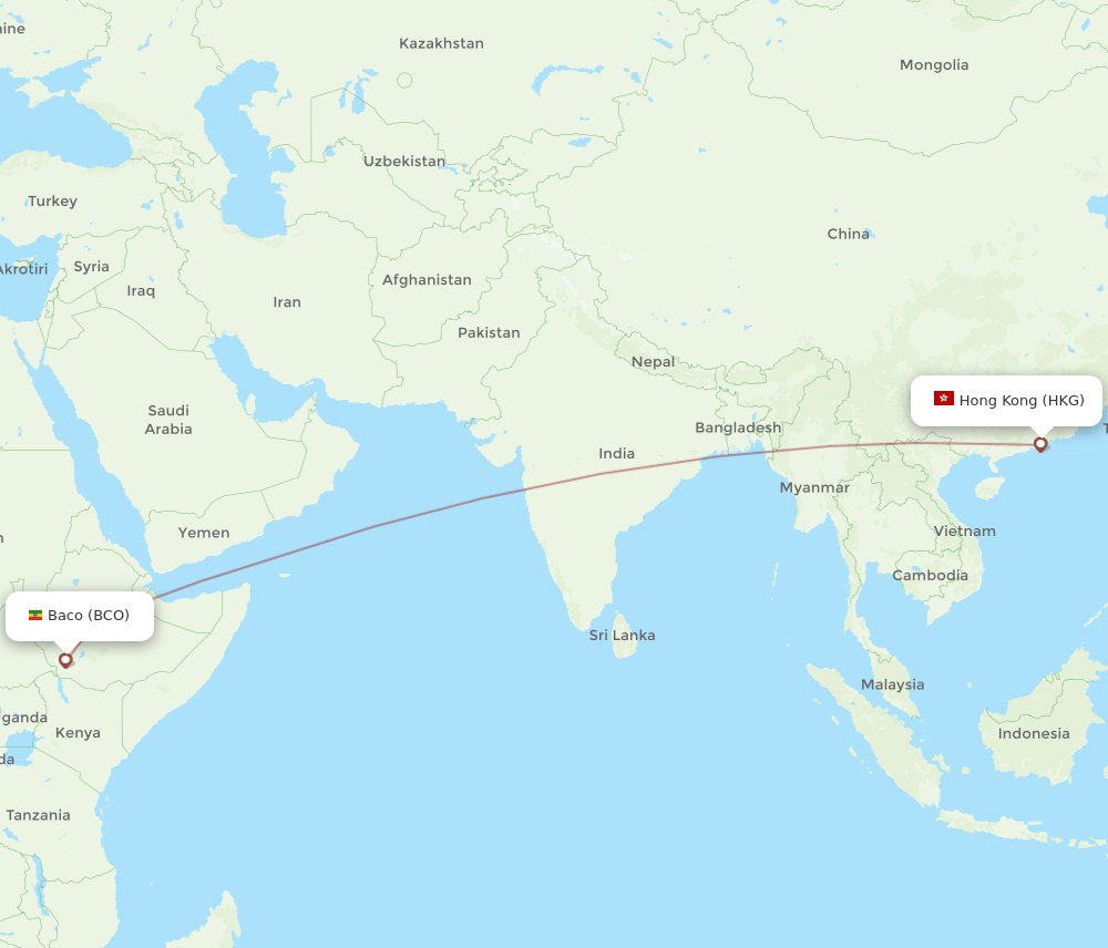 HKG to BCO flights and routes map