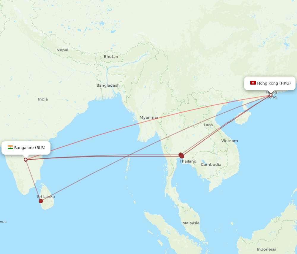 HKG to BLR flights and routes map