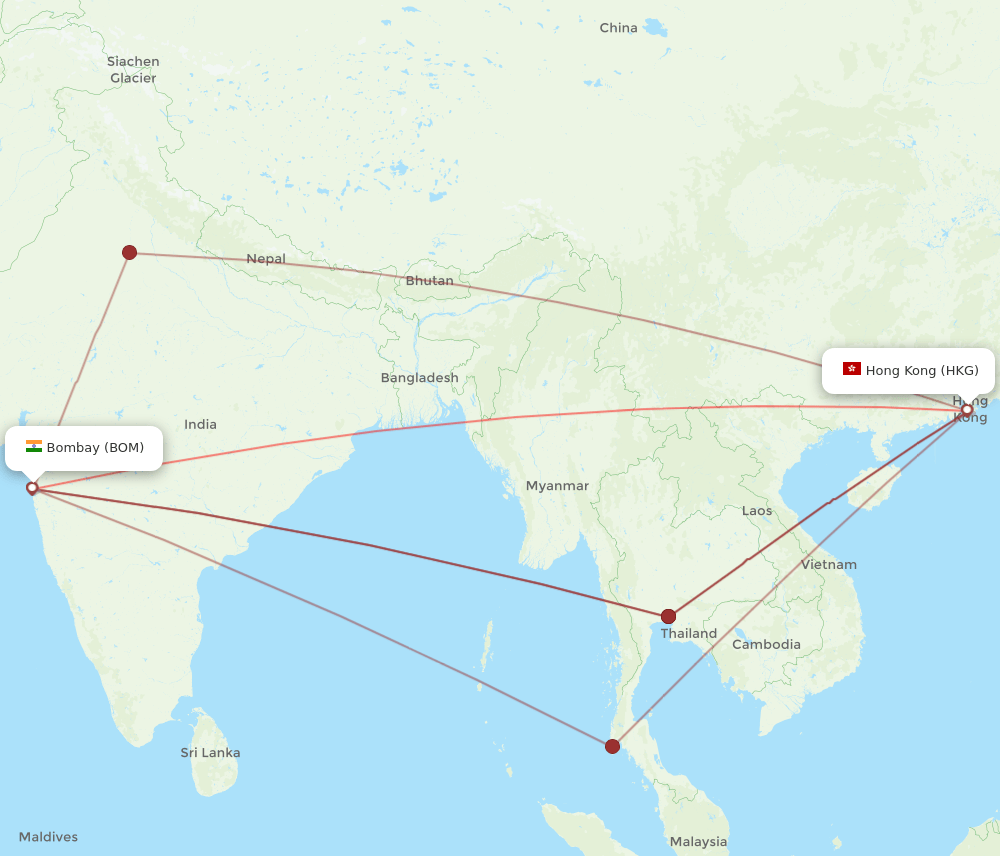 HKG to BOM flights and routes map