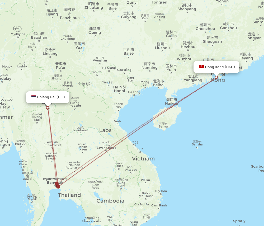 Hong Kong - Chiang Rai route map and flight paths