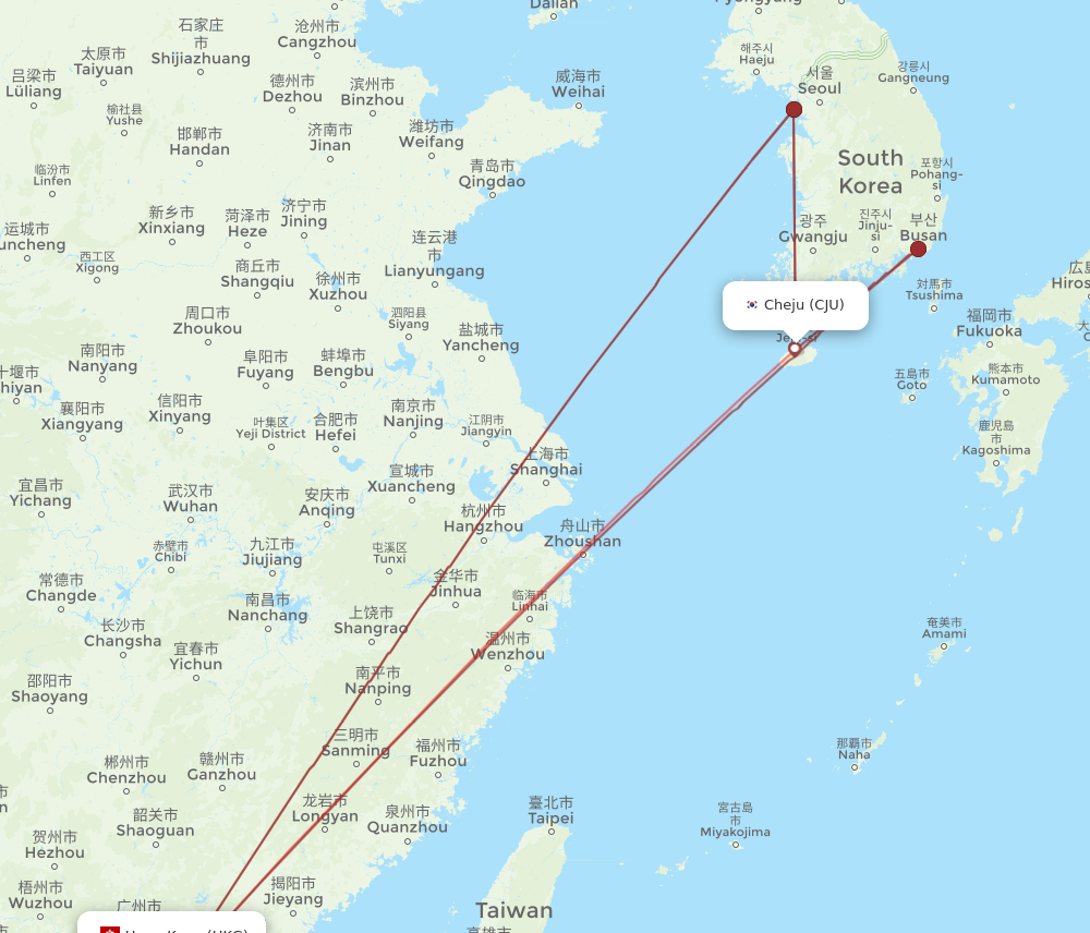 HKG to CJU flights and routes map