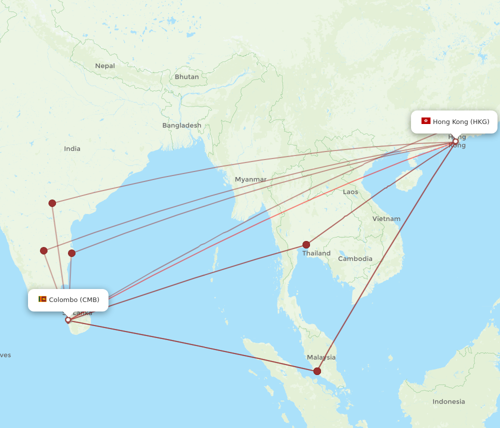 HKG to CMB flights and routes map
