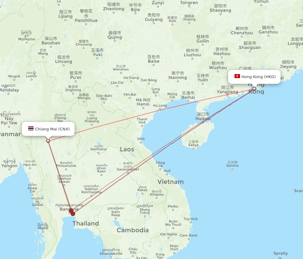 Hong Kong - Chiang Mai route map and flight paths