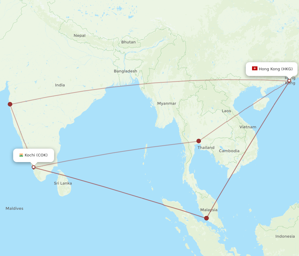HKG to COK flights and routes map