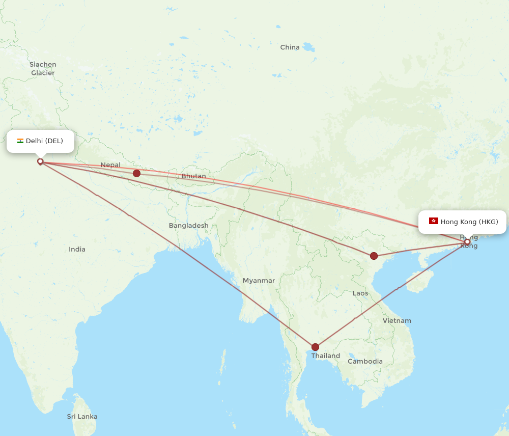 HKG to DEL flights and routes map