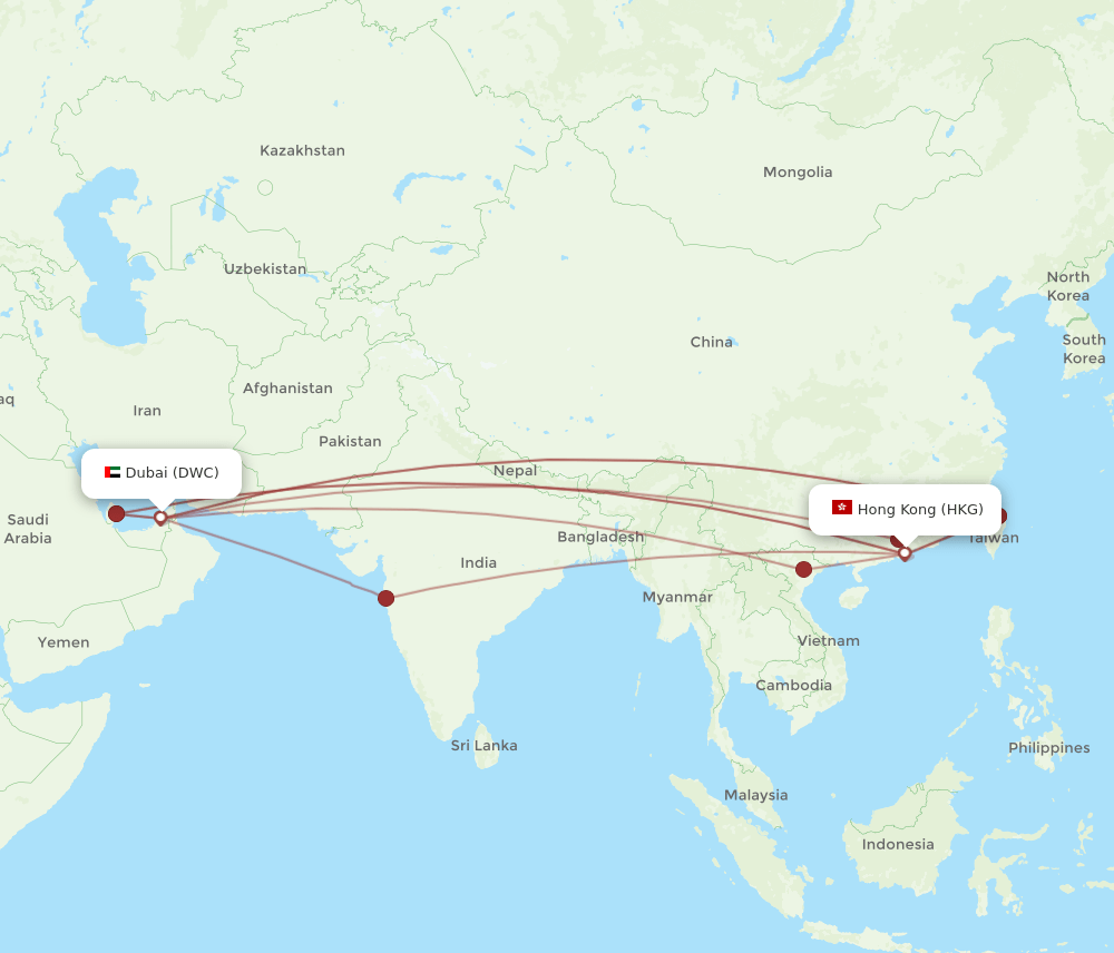 Hong Kong - Dubai route map and flight paths
