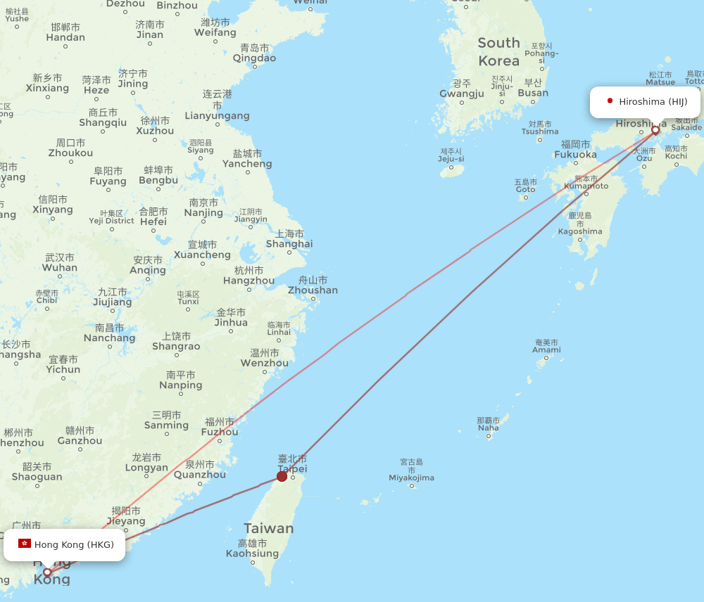 Hong Kong - Hiroshima route map and flight paths