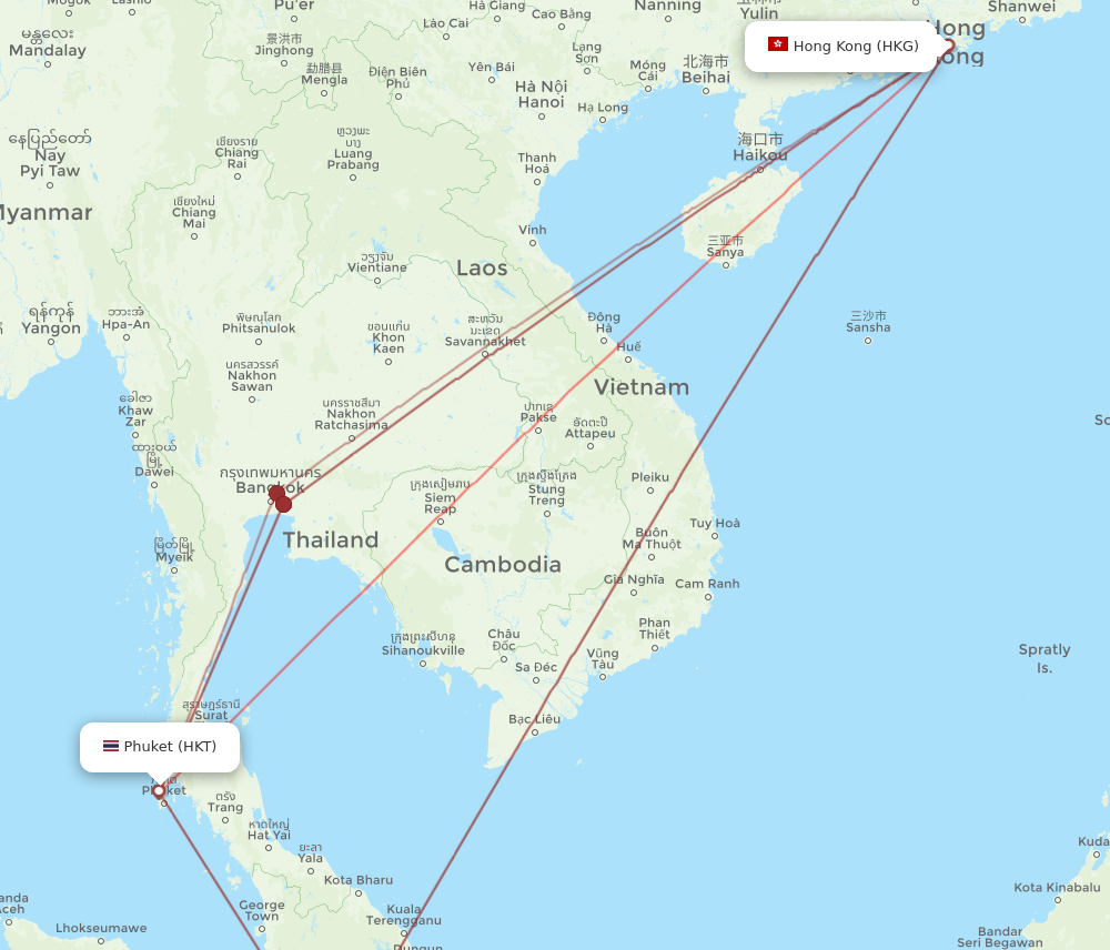 Hong Kong - Phuket route map and flight paths