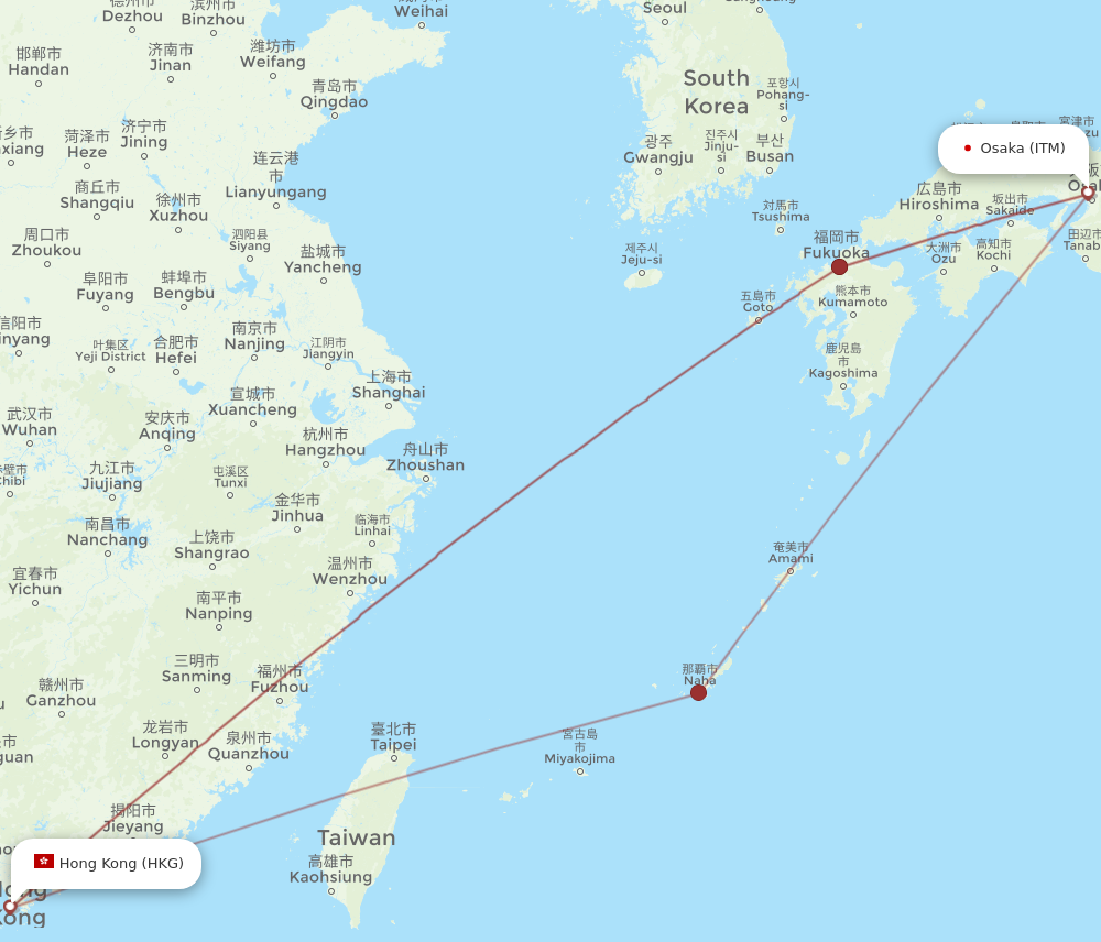 HKG to ITM flights and routes map